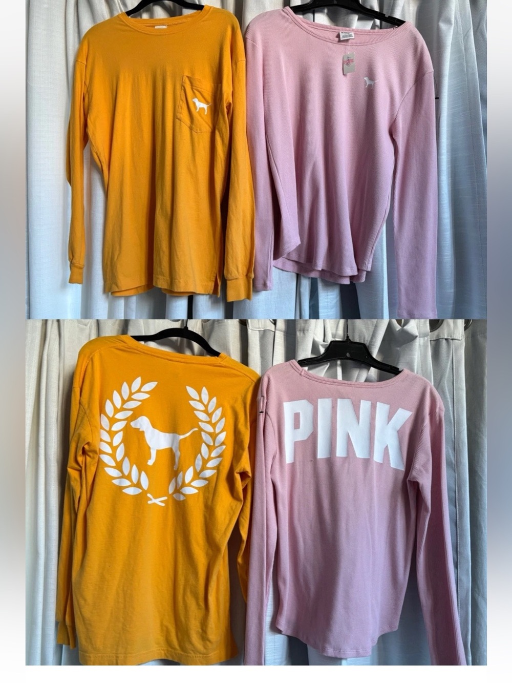 2 NEW Victoria's Secret PINK Long Sleeve Shirts Pink & Gold dog logo Med/Small